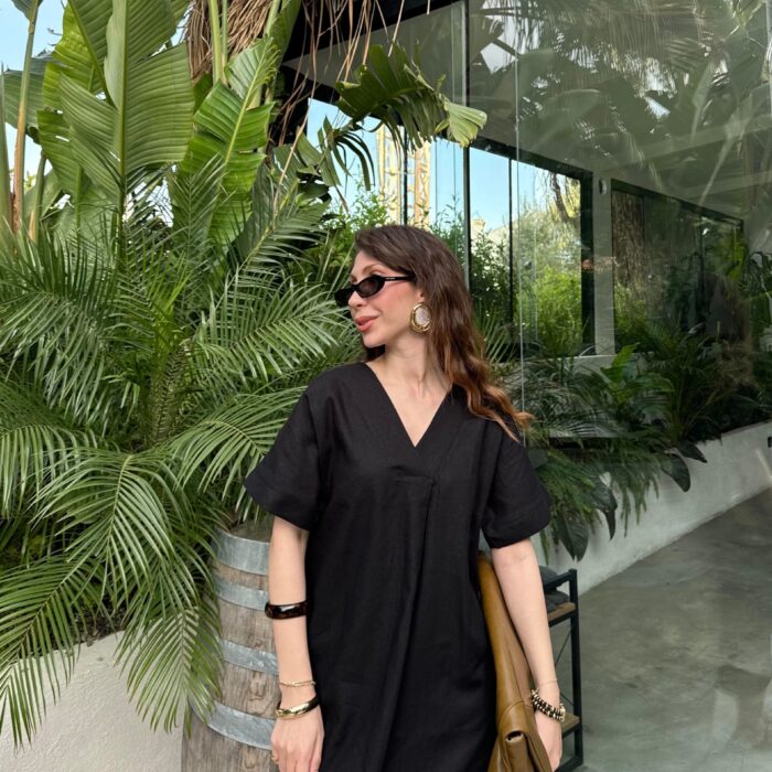 Keten V Yaka Basic Siyah Elbise