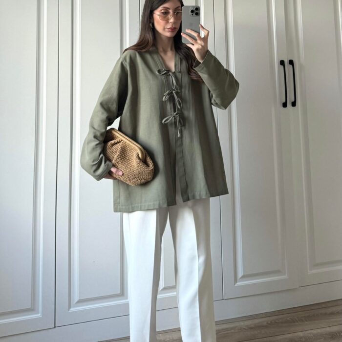 Önü Bağlamalı Haki Keten Kimono