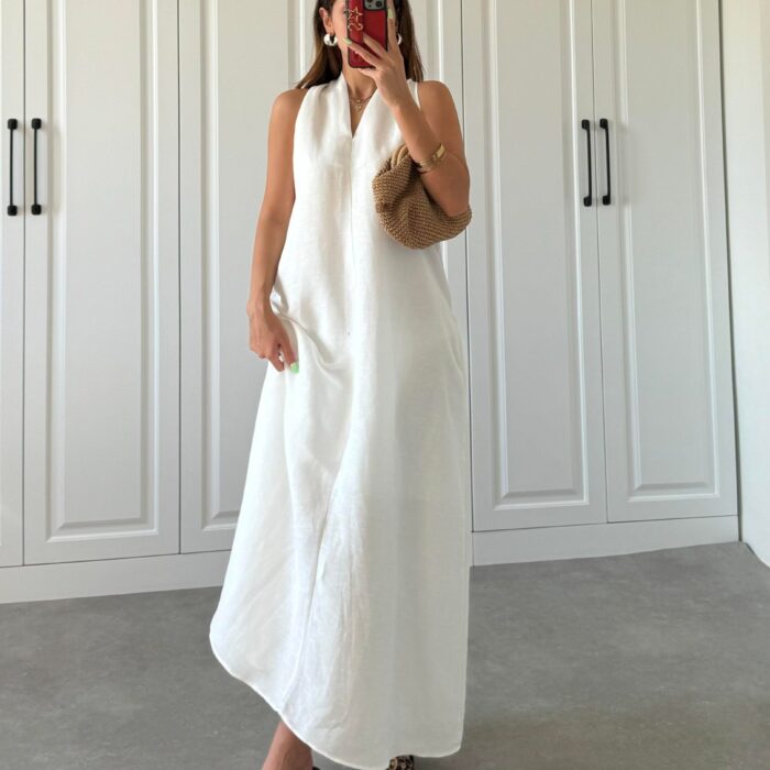 V Yaka Keten Uzun Oversize Cepli Beyaz Elbise