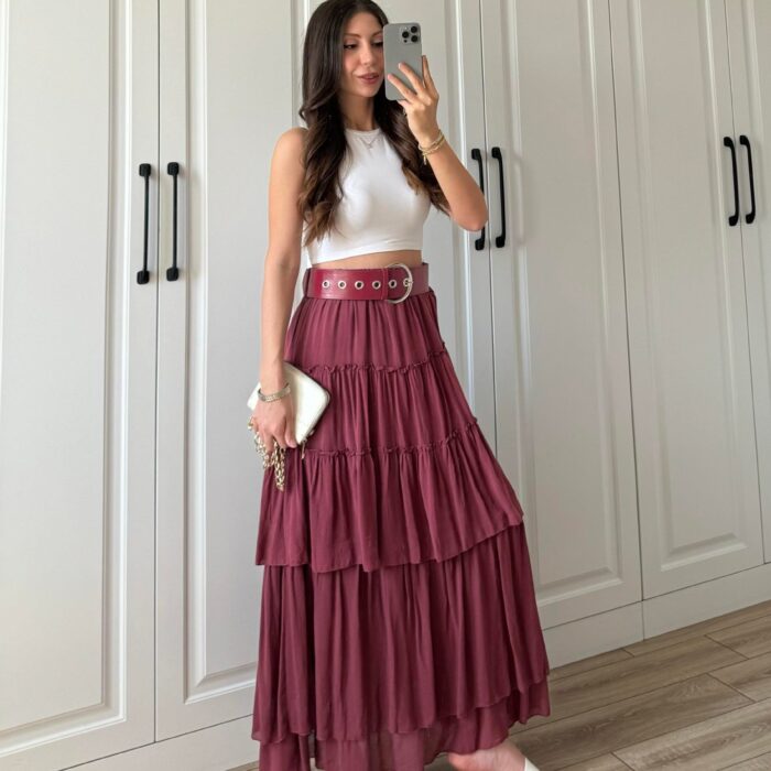 Katlı Boho Vual Kemerli Bordo Etek