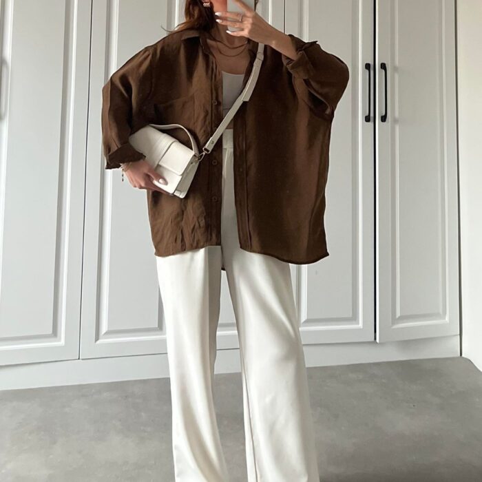 Kahve Oversize Tensel Gömlek