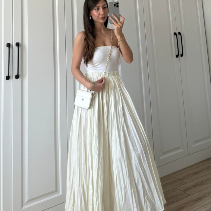 Vondi Kraş Kırışık Kumaş Ekru Poplin Etek