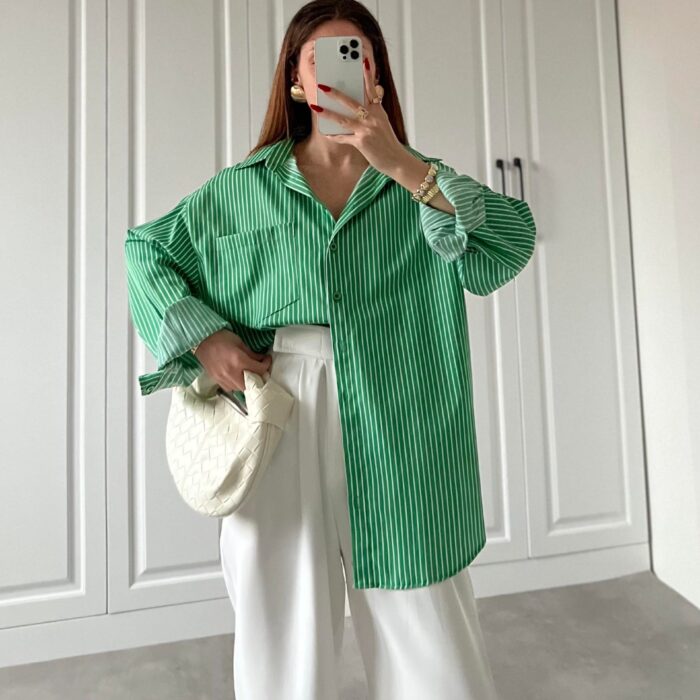 Zr Etiketli Oversize Çizgili Yeşil Poplin Gömlek