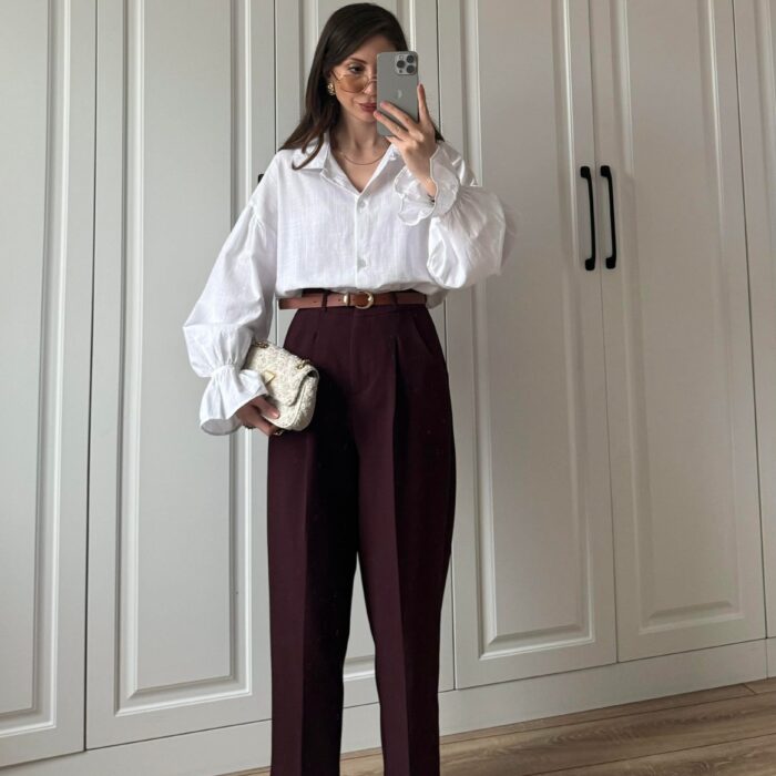 Kemerli Mürdüm Havuç Kumaş Pantolon