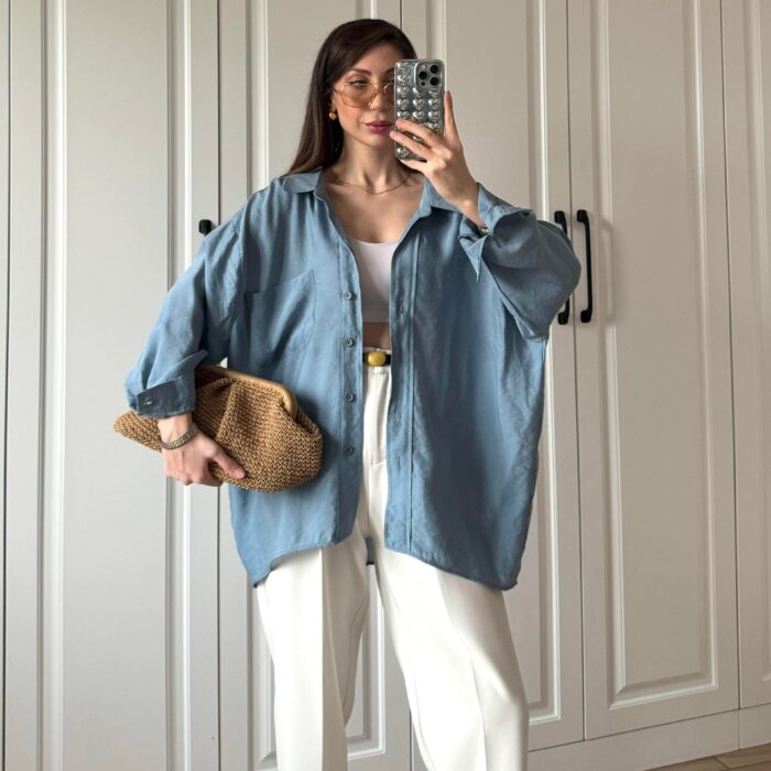 İndigo Oversize Tensel Gömlek