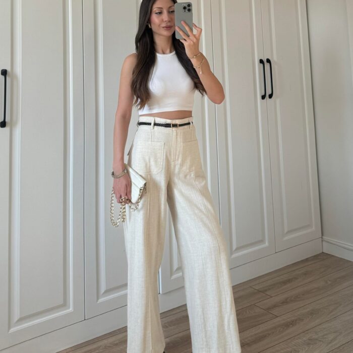 Örgü Kemerli Önü Cepli Keten Premium Taş Pantolon