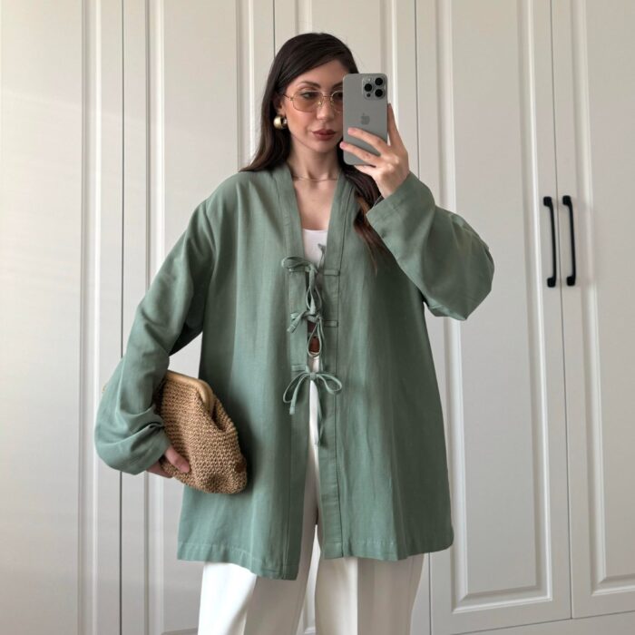 Önü Bağlamalı Mint Yeşili Keten Kimono