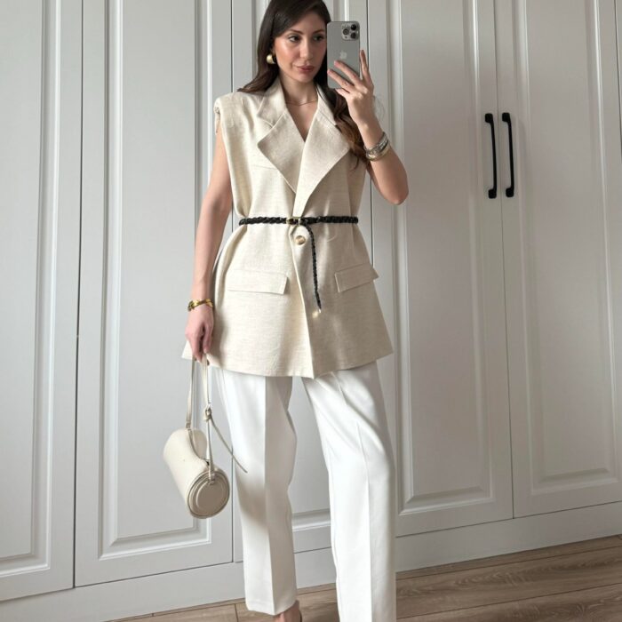 Kemerli Vatkalı Taş Keten Yelek