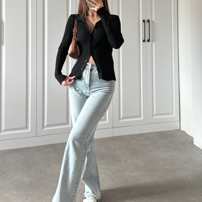 Düğmeli Fitilli Siyah Body