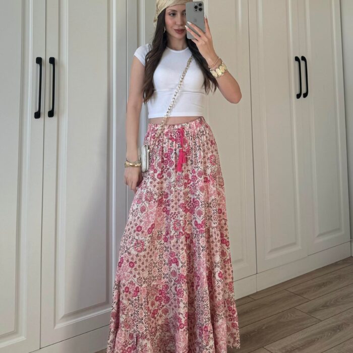 Pembe Çiçekli Uzun Bohem Etek