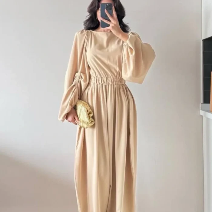 Kadın Bej Kolları Pileli Bel Büzgülü Tulum 1041-2685