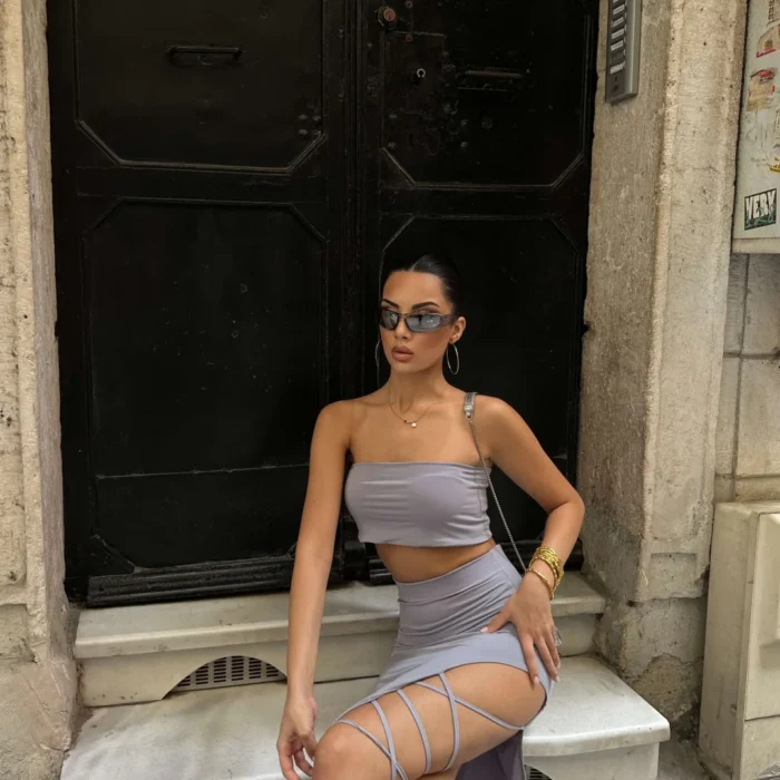 Kadın Gri Crop Bağlamalı Etek Takım 1026-221522