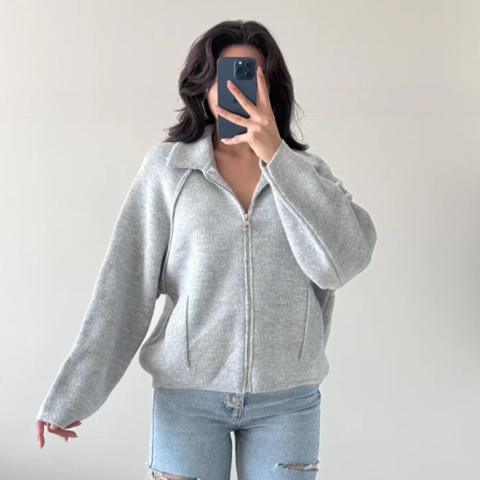 Kadın Gri Fermuarlı Oversize Hırka 1014-2381