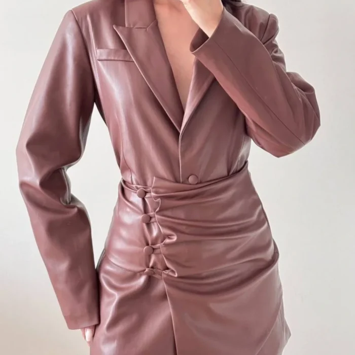 Kadın Kahve Deri Ceket Seyyar Bağlamalı Kuşak Takım 1041-2701