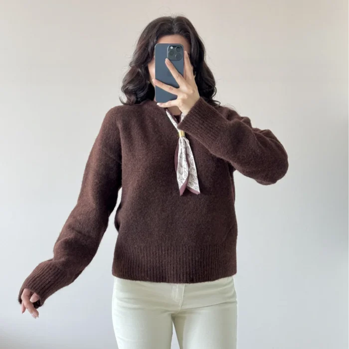 Kadın Kahve Fularlı Kazak 1014-2535