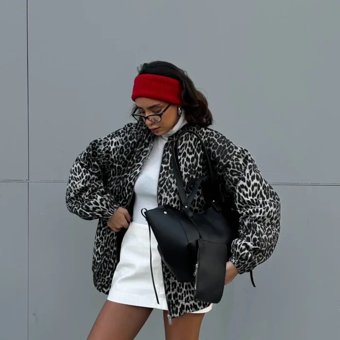 Kadın Leopar Fermuarlı Mont 1007-0587