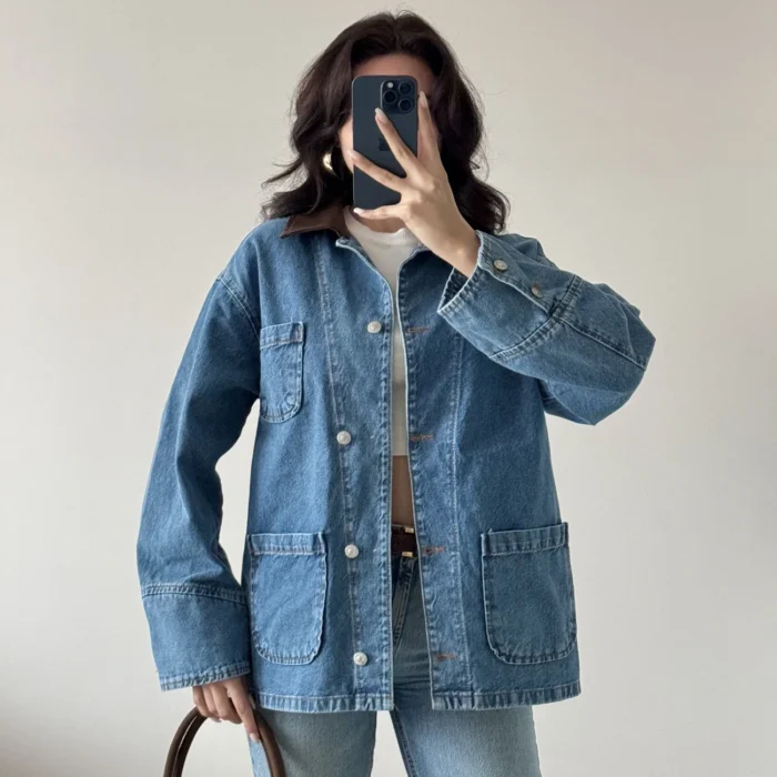 Kadın Mavi Deri Yaka Kot Mont 0570