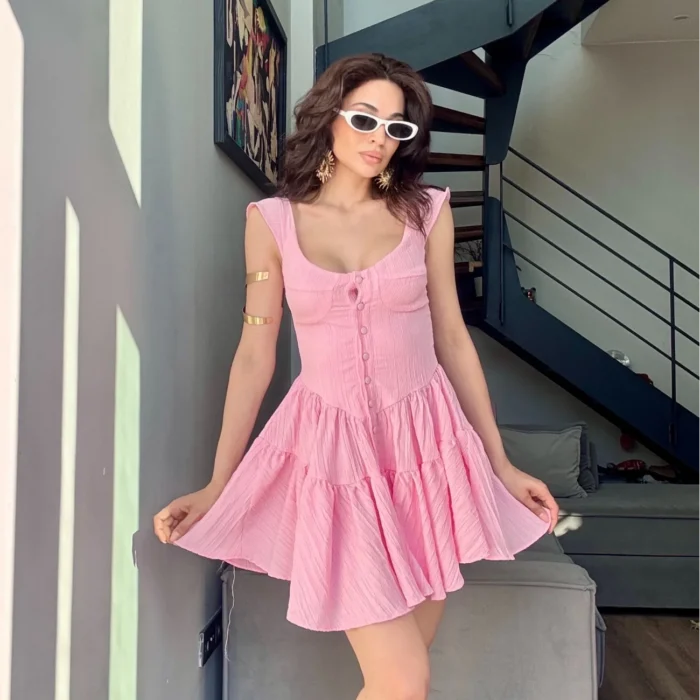 Kadın Pembe Düğme Deyalı Şort Tulum 1006-0495