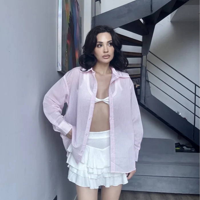 Kadın Pembe Transparan Çizgili Gömlek 1006-6876