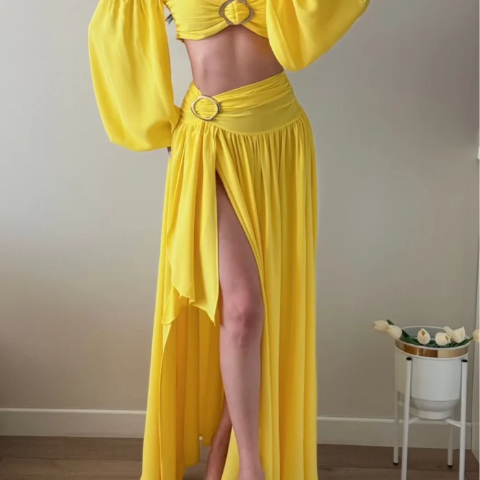 Kadın Sarı Crop Etek Takım 1041-3234