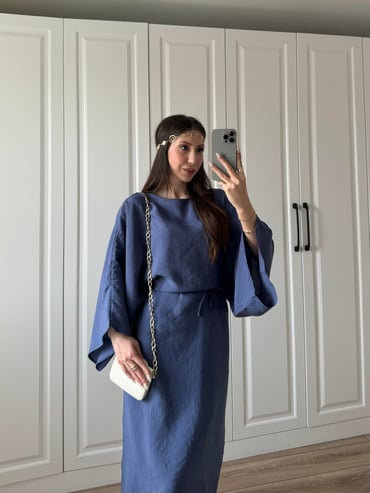 Laila Tensel Basic Kuşaklı İndigo Elbise